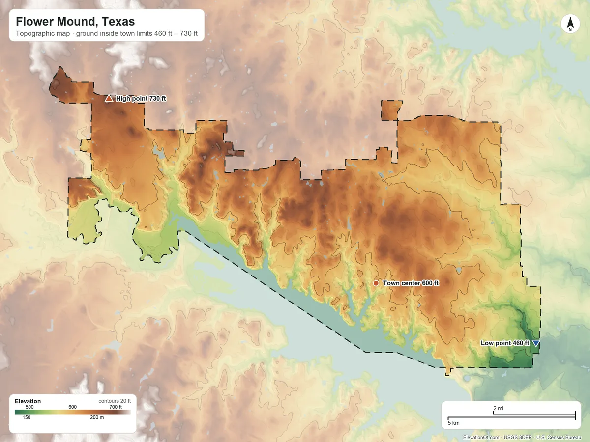 Topographic elevation map of Flower Mound, Texas, shaded from 460 ft on the east side to 730 ft on the northwest side
