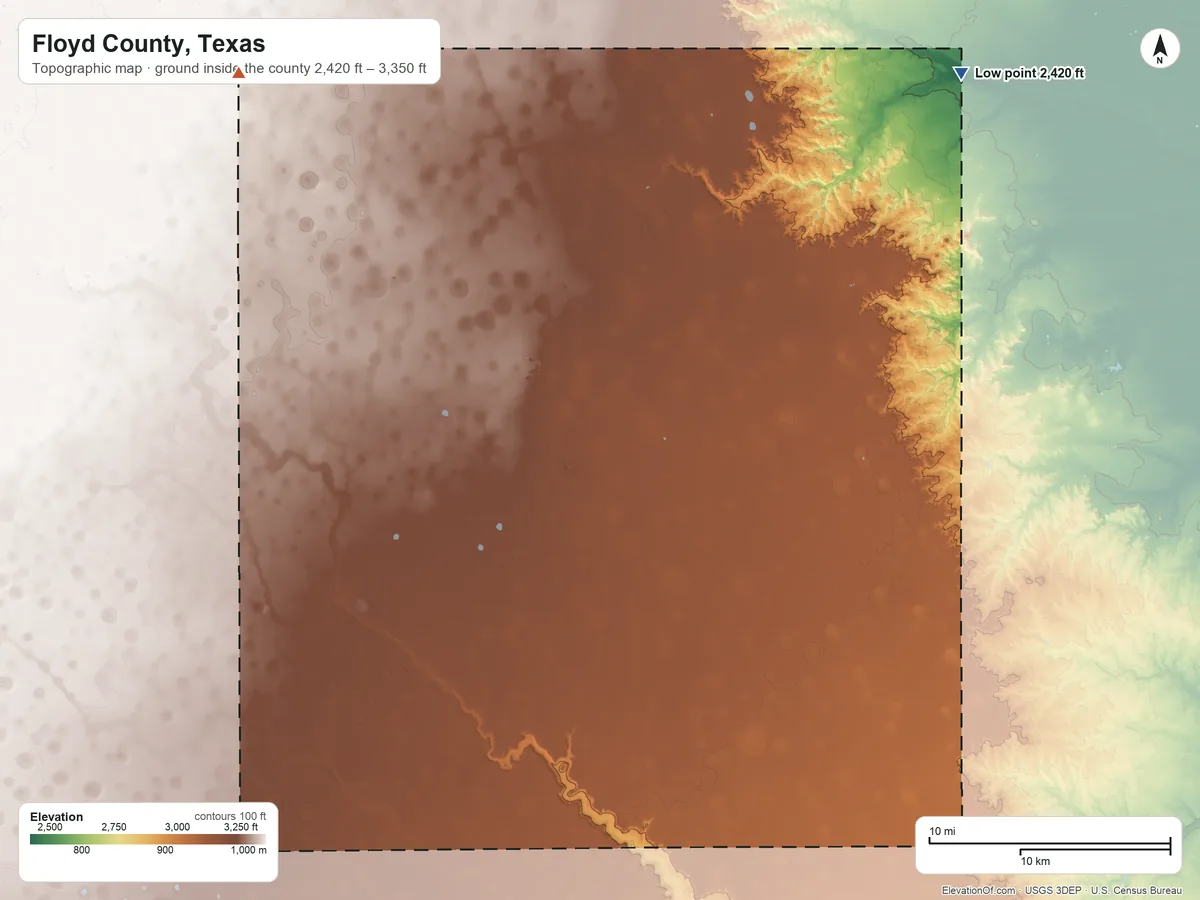 Topographic elevation map of Floyd County, Texas, shaded from 2,420 ft on the northeast side to 3,350 ft on the northwest side