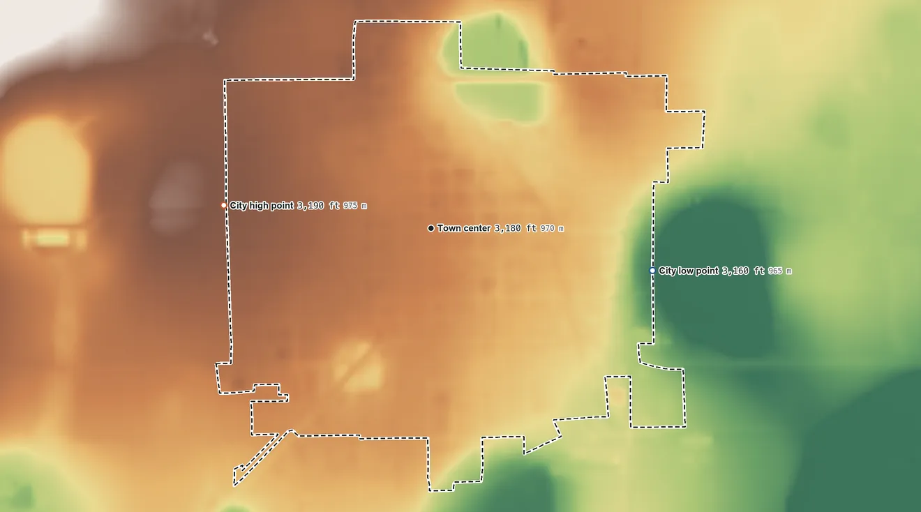Topographic elevation map of Floydada, Texas, shaded from 3,160 ft on the east side to 3,190 ft on the west side