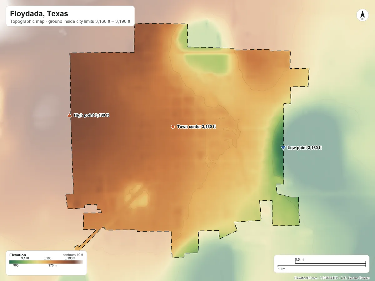 Topographic elevation map of Floydada, Texas, shaded from 3,160 ft on the east side to 3,190 ft on the west side
