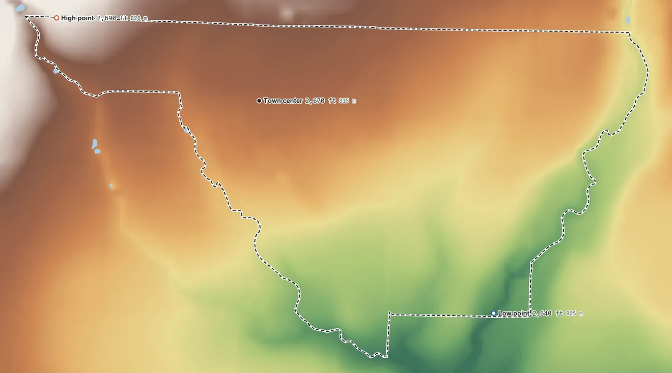Topographic elevation map of Fluvanna, Texas, shaded from 2,640 ft on the southeast side to 2,690 ft on the west side