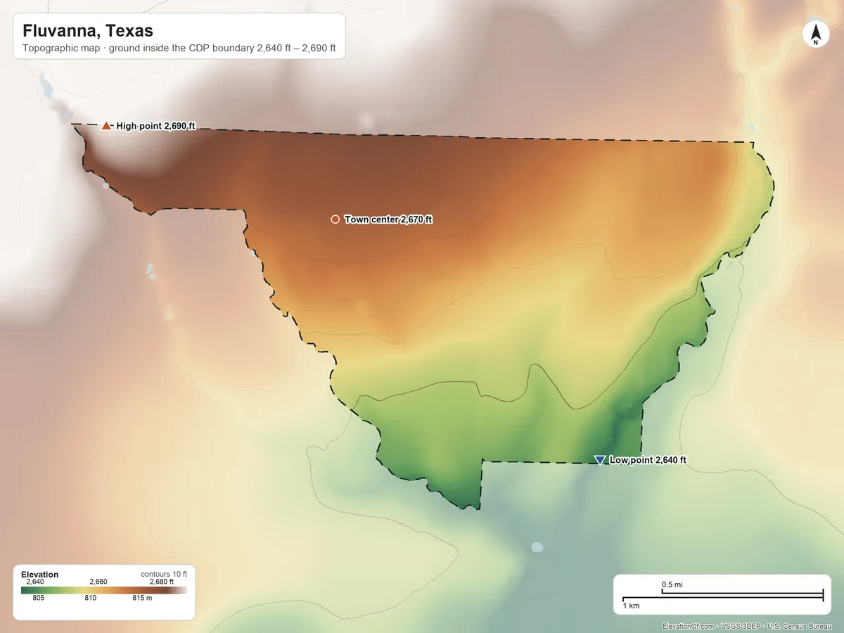 Topographic elevation map of Fluvanna, Texas, shaded from 2,640 ft on the southeast side to 2,690 ft on the west side