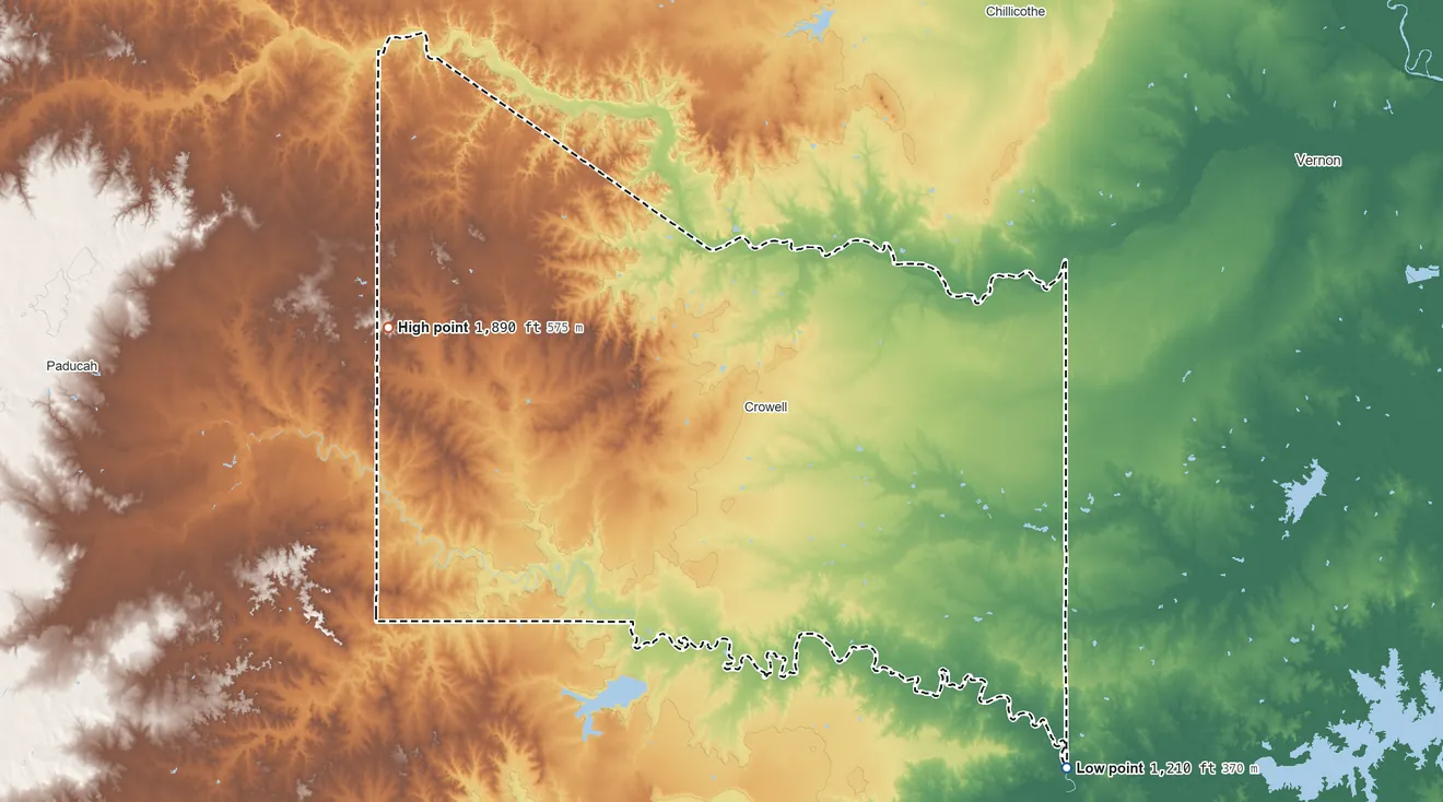 Topographic elevation map of Foard County, Texas, shaded from 1,210 ft on the southeast side to 1,890 ft on the west side
