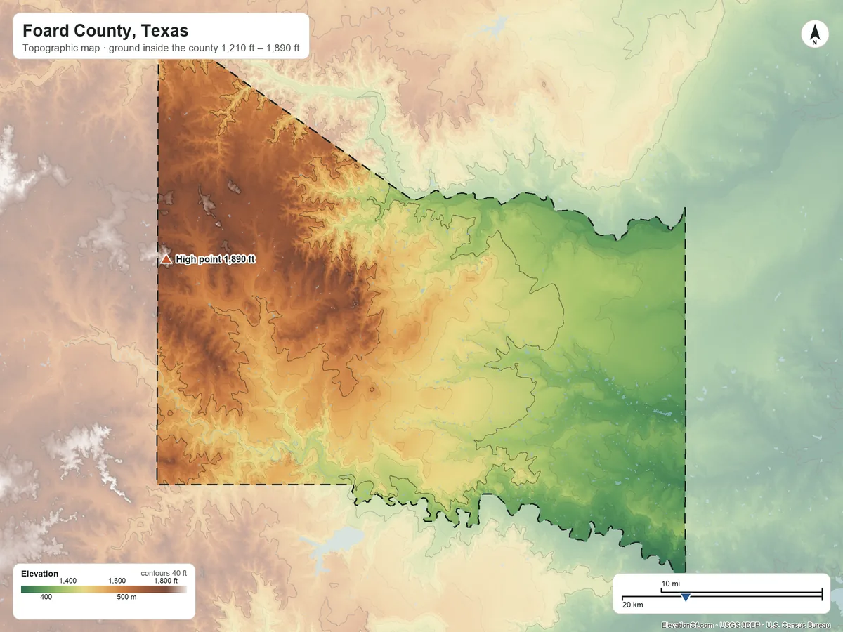 Topographic elevation map of Foard County, Texas, shaded from 1,210 ft on the southeast side to 1,890 ft on the west side