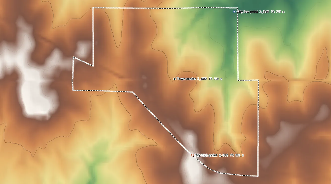 Topographic elevation map of Follett, Texas, shaded from 2,540 ft on the northeast side to 2,640 ft on the south side