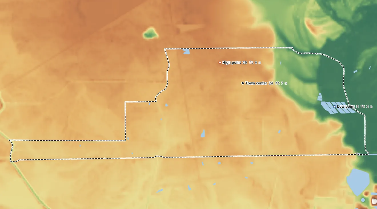 Topographic elevation map of Forest Heights, Texas, shaded from 8 ft on the east side to 29 ft near the middle