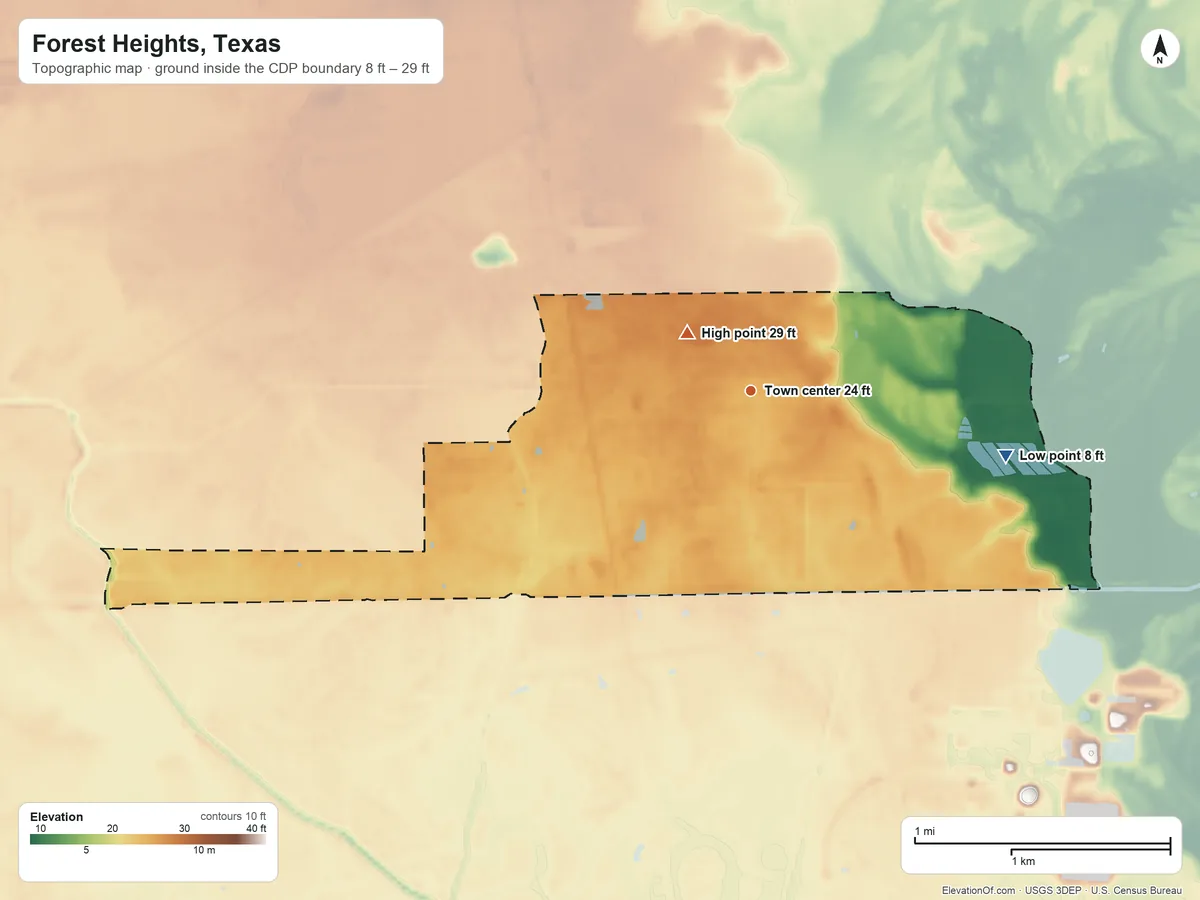 Topographic elevation map of Forest Heights, Texas, shaded from 8 ft on the east side to 29 ft near the middle