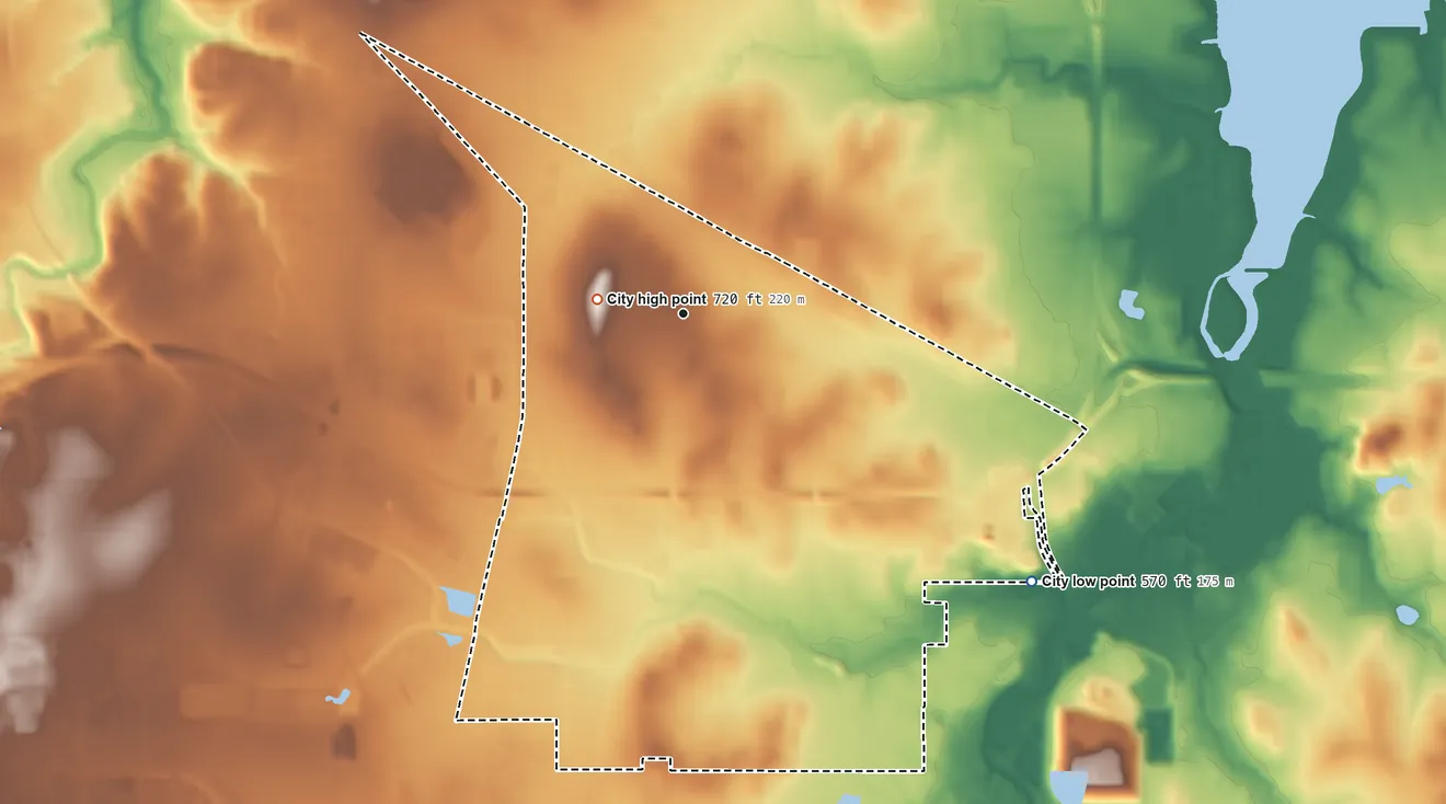 Topographic elevation map of Forest Hill, Texas, shaded from 570 ft on the southeast side to 720 ft near the middle