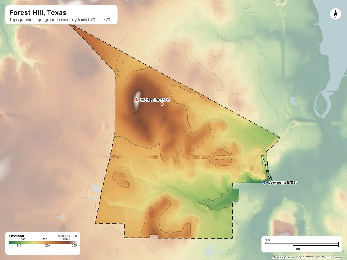 Topographic elevation map of Forest Hill, Texas, shaded from 570 ft on the southeast side to 720 ft near the middle