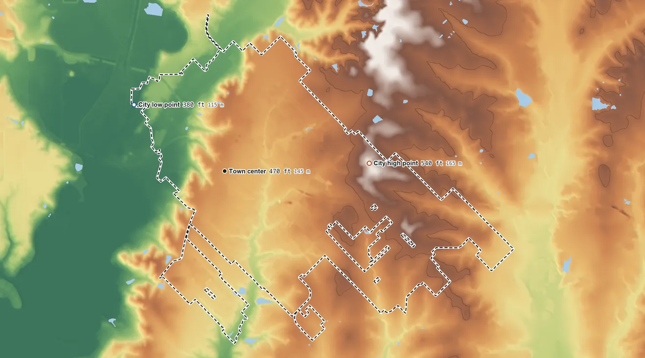 Topographic elevation map of Forney, Texas, shaded from 380 ft on the northwest side to 540 ft on the east side