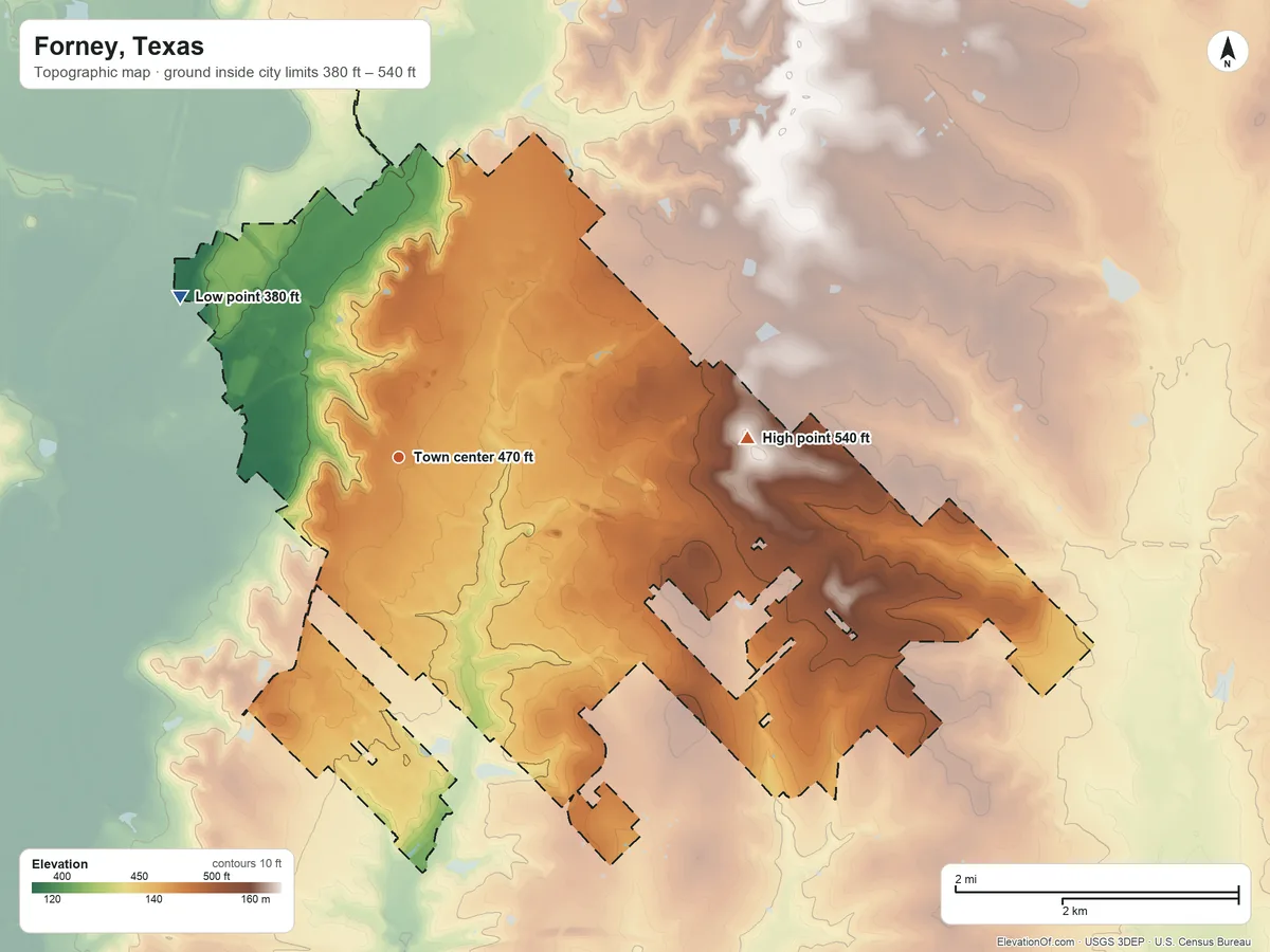 Topographic elevation map of Forney, Texas, shaded from 380 ft on the northwest side to 540 ft on the east side