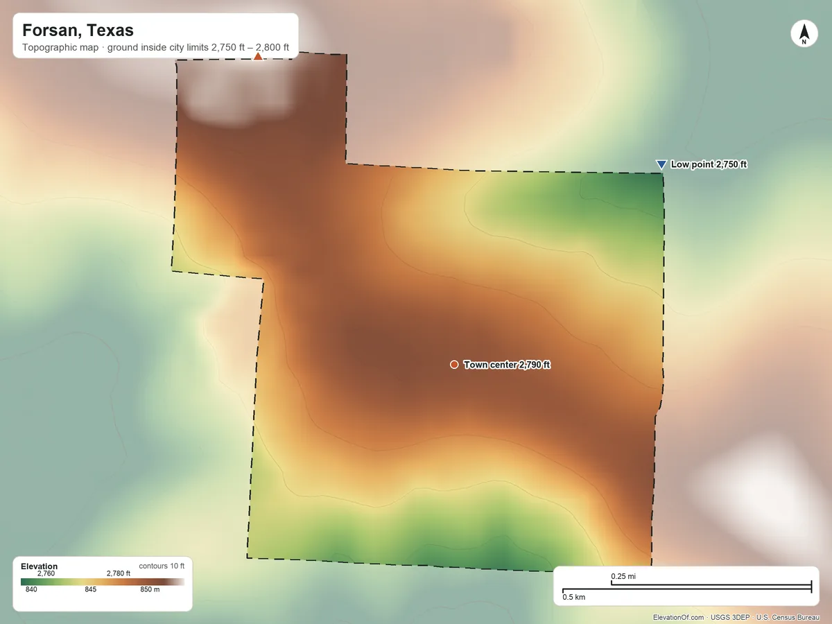 Topographic elevation map of Forsan, Texas, shaded from 2,750 ft on the northeast side to 2,800 ft on the northwest side
