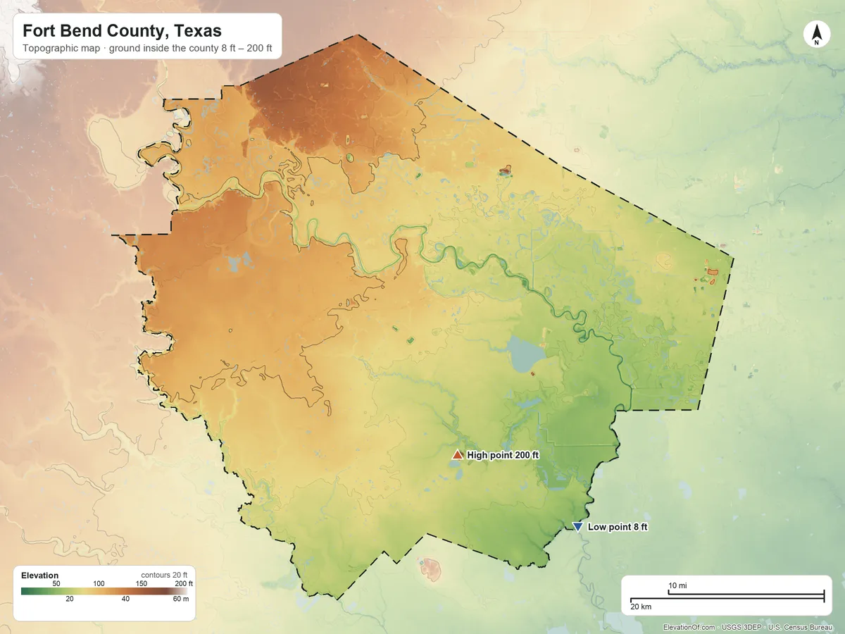 Topographic elevation map of Fort Bend County, Texas, shaded from 8 ft on the southeast side to 200 ft on the south side