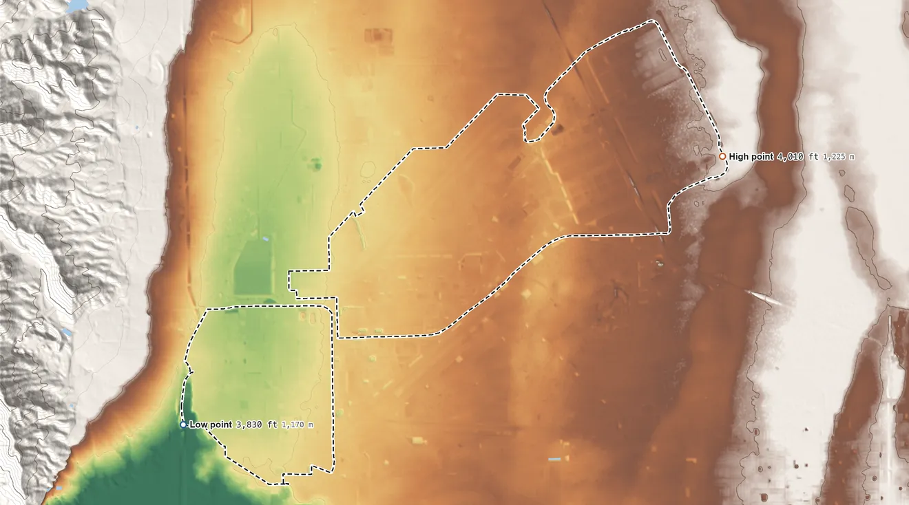 Topographic elevation map of Fort Bliss, Texas, shaded from 3,830 ft on the southwest side to 4,010 ft on the northeast side
