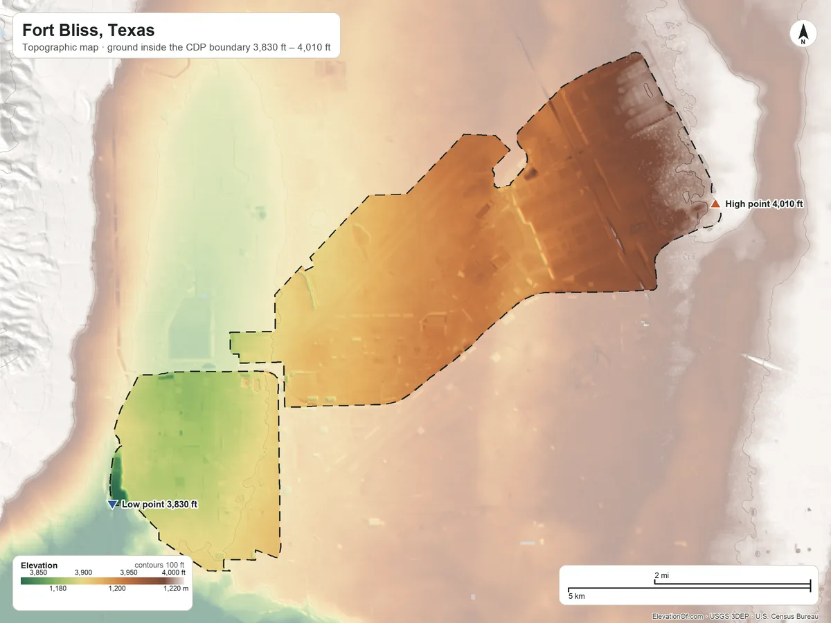 Topographic elevation map of Fort Bliss, Texas, shaded from 3,830 ft on the southwest side to 4,010 ft on the northeast side