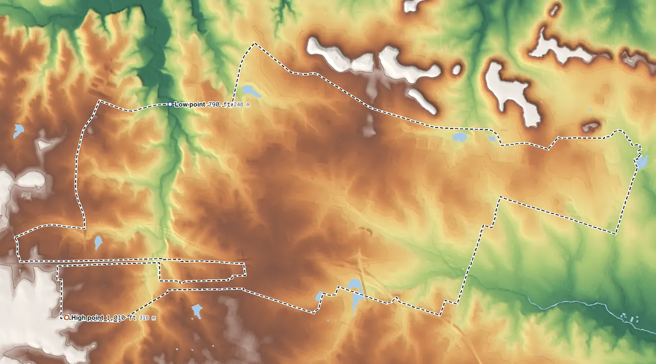 Topographic elevation map of Fort Cavazos, Texas, shaded from 790 ft on the northwest side to 1,010 ft on the southwest side