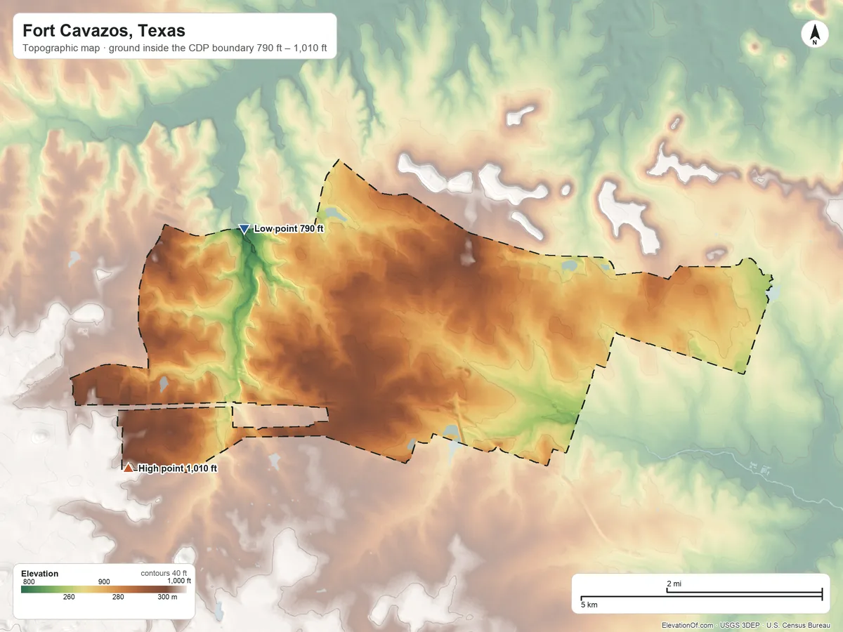 Topographic elevation map of Fort Cavazos, Texas, shaded from 790 ft on the northwest side to 1,010 ft on the southwest side