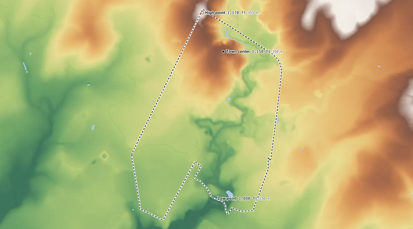 Topographic elevation map of Fort Clark Springs, Texas, shaded from 1,080 ft on the south side to 1,170 ft on the northwest side