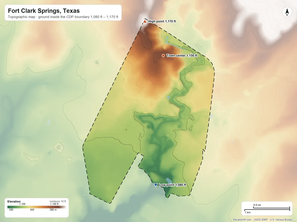 Topographic elevation map of Fort Clark Springs, Texas, shaded from 1,080 ft on the south side to 1,170 ft on the northwest side