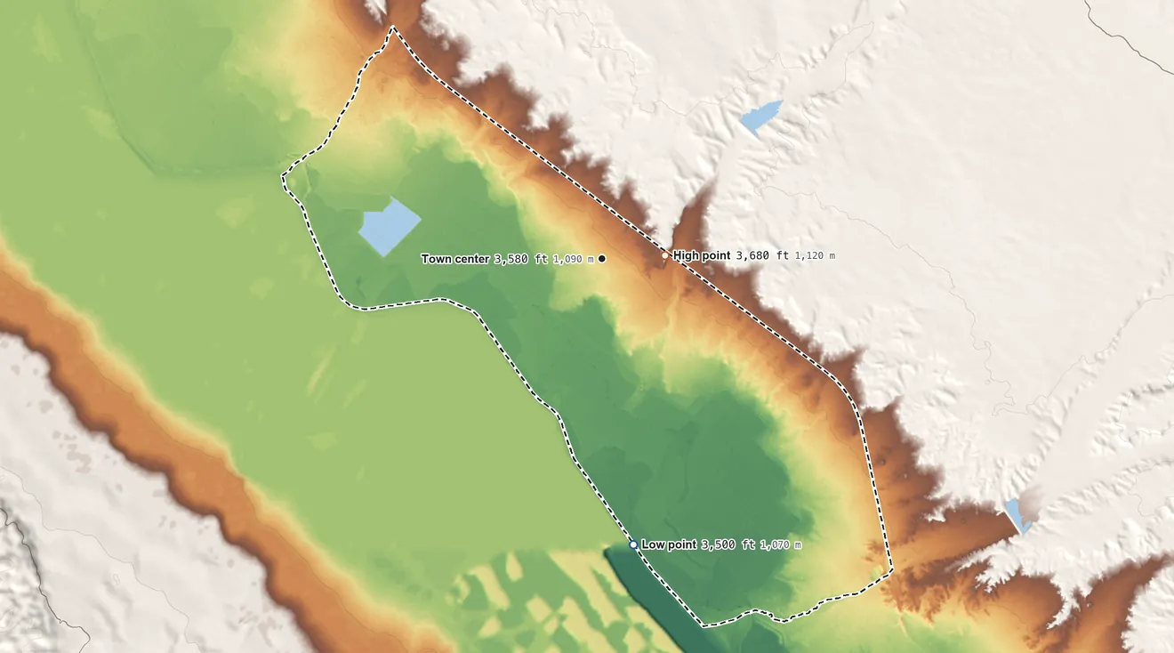 Topographic elevation map of Fort Hancock, Texas, shaded from 3,500 ft on the south side to 3,680 ft near the middle