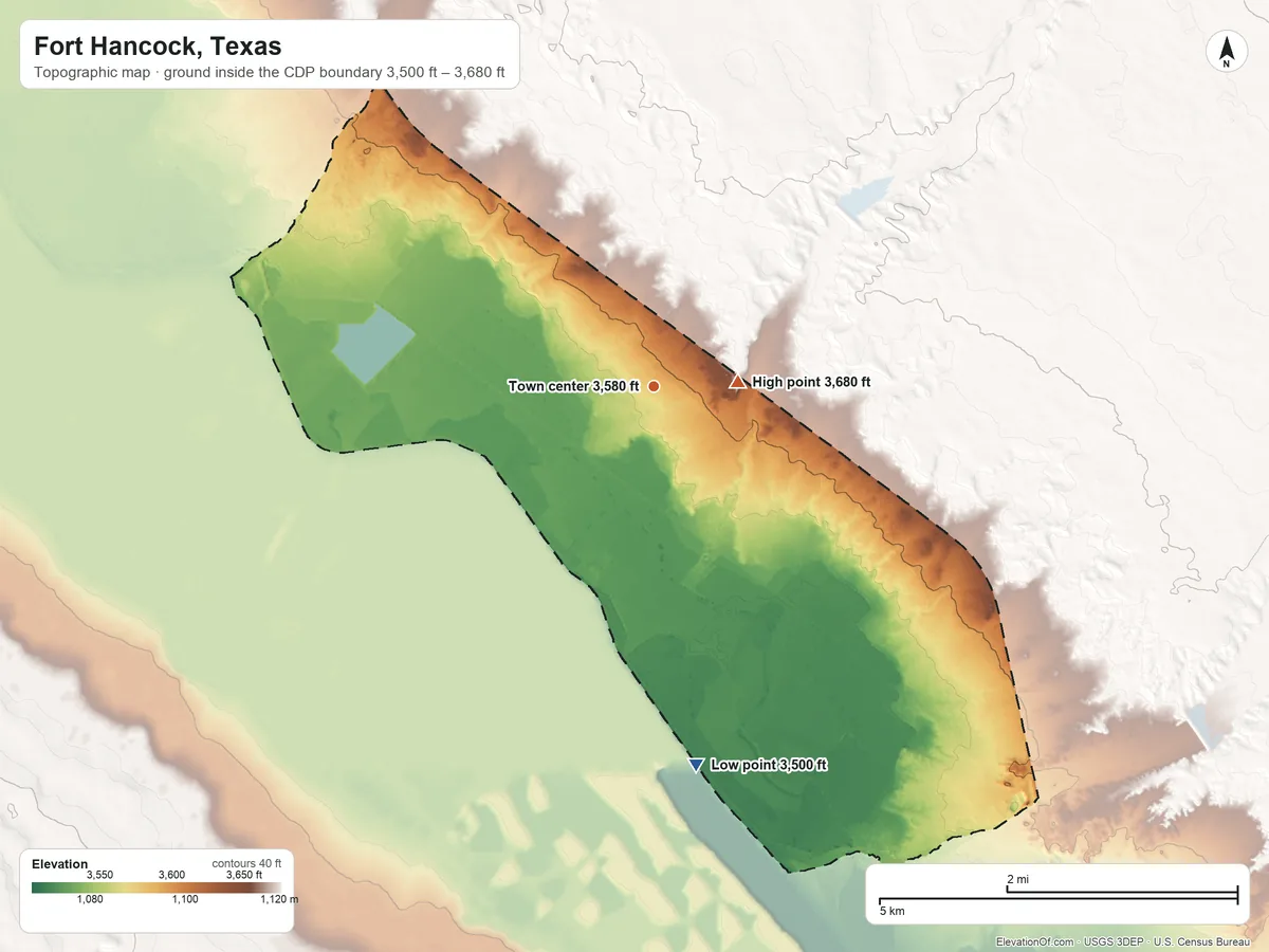 Topographic elevation map of Fort Hancock, Texas, shaded from 3,500 ft on the south side to 3,680 ft near the middle