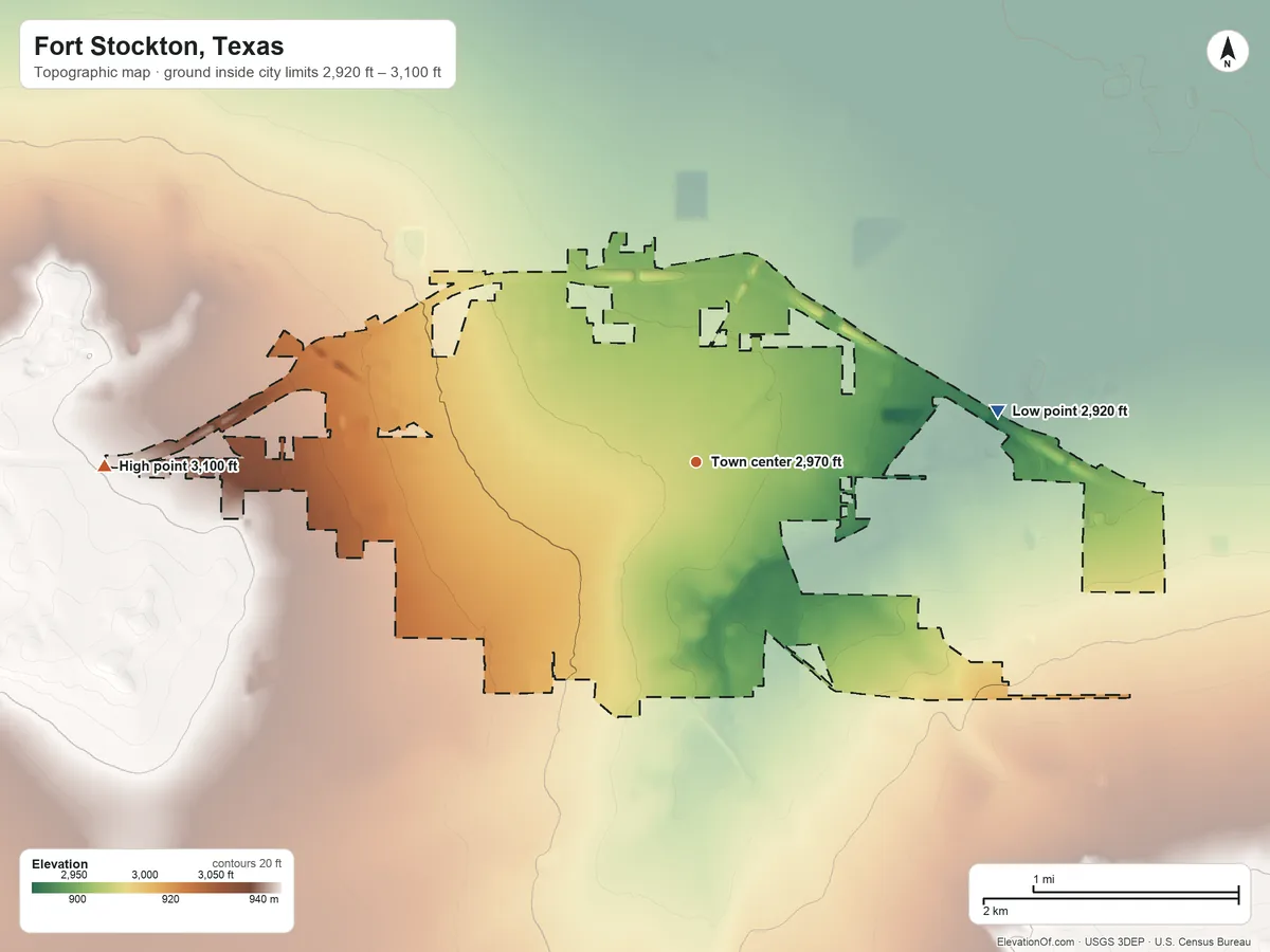 Topographic elevation map of Fort Stockton, Texas, shaded from 2,920 ft on the east side to 3,100 ft on the west side