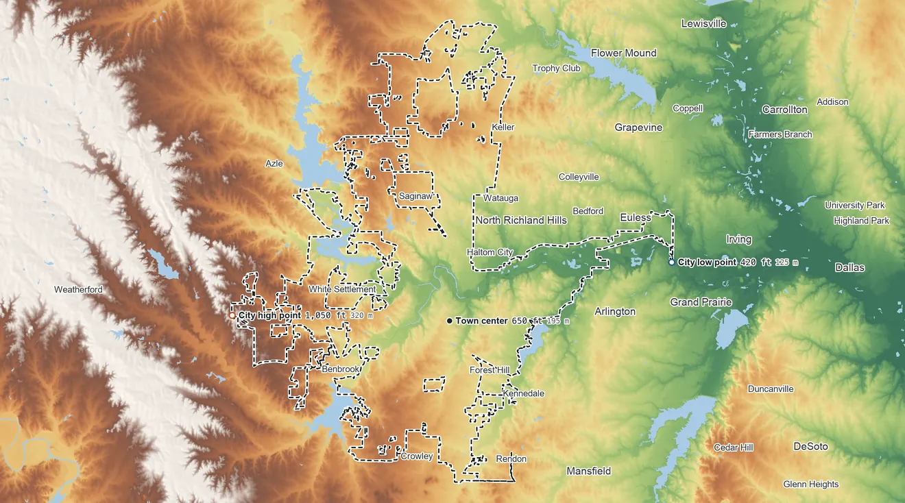 Topographic elevation map of Fort Worth, Texas, shaded from 420 ft on the east side to 1,050 ft on the west side