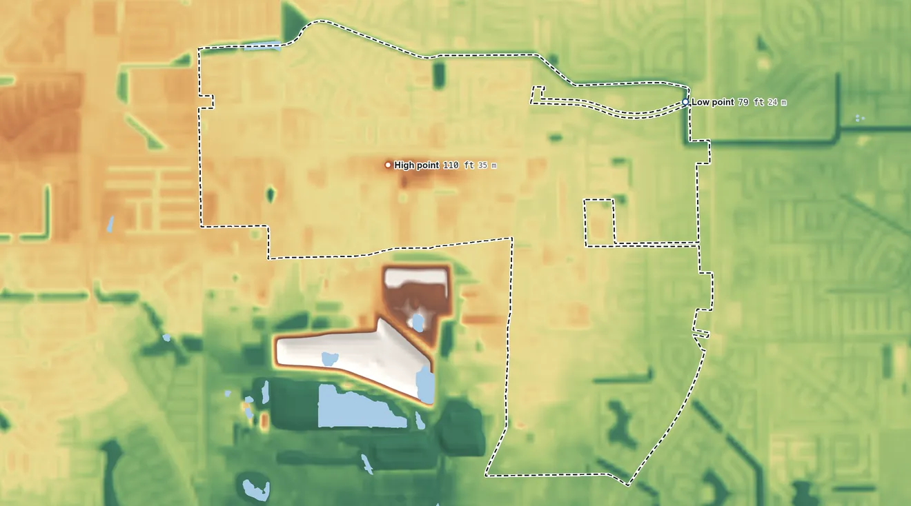 Topographic elevation map of Four Corners, Texas, shaded from 79 ft on the northeast side to 110 ft on the northwest side