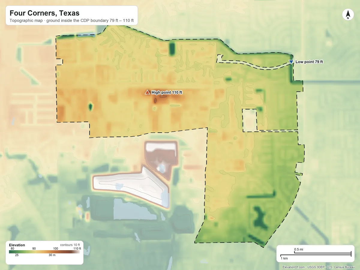 Topographic elevation map of Four Corners, Texas, shaded from 79 ft on the northeast side to 110 ft on the northwest side