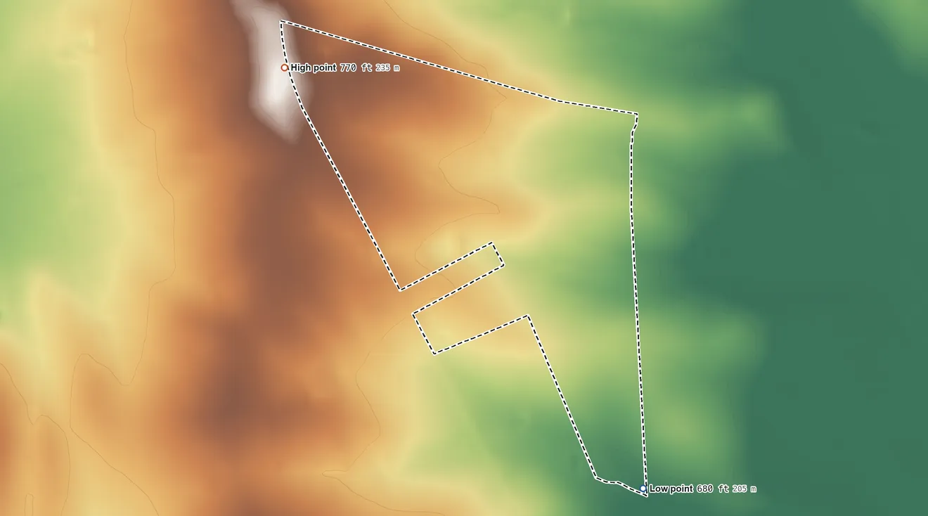 Topographic elevation map of Four Points, Texas, shaded from 680 ft on the southeast side to 770 ft on the northwest side