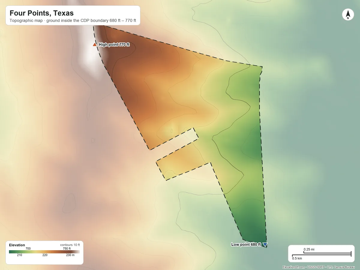 Topographic elevation map of Four Points, Texas, shaded from 680 ft on the southeast side to 770 ft on the northwest side