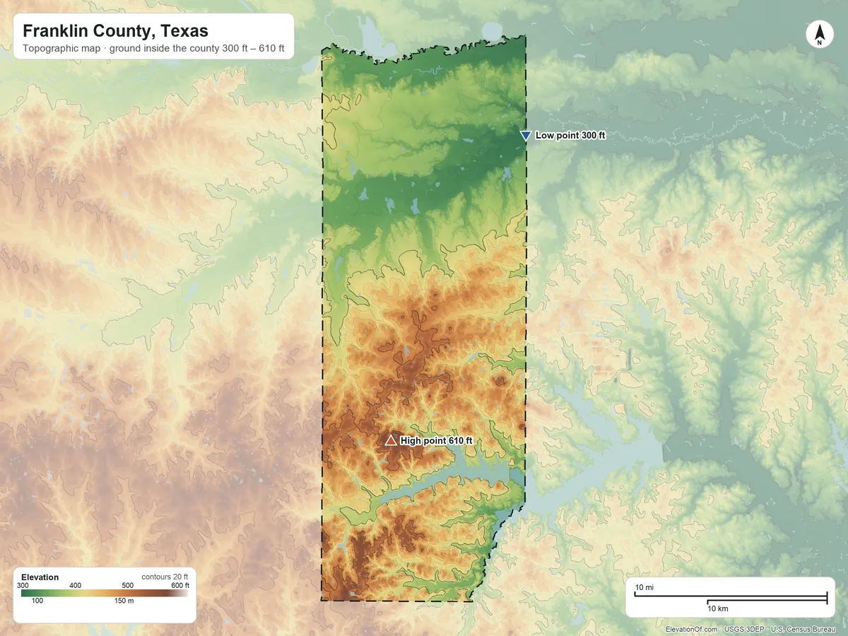 Topographic elevation map of Franklin County, Texas, shaded from 300 ft on the northeast side to 610 ft on the south side