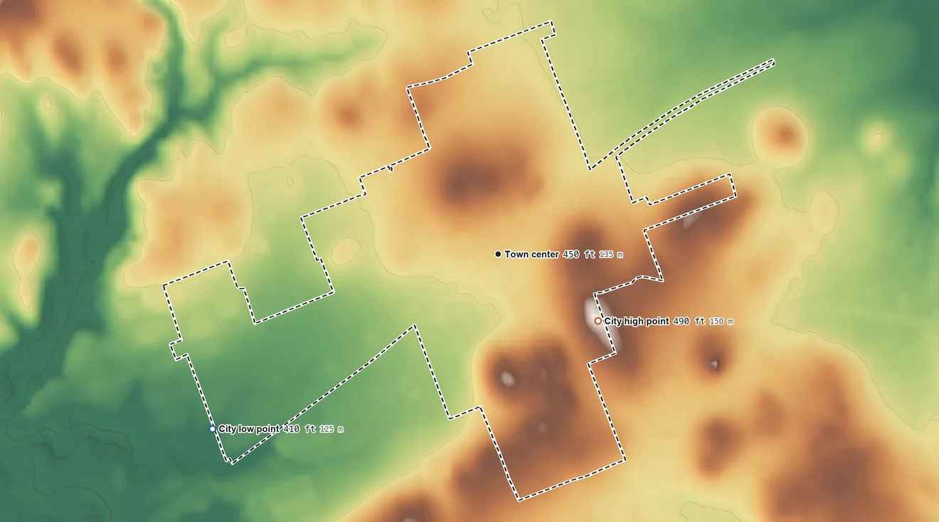 Topographic elevation map of Franklin, Texas, shaded from 410 ft on the southwest side to 490 ft on the southeast side