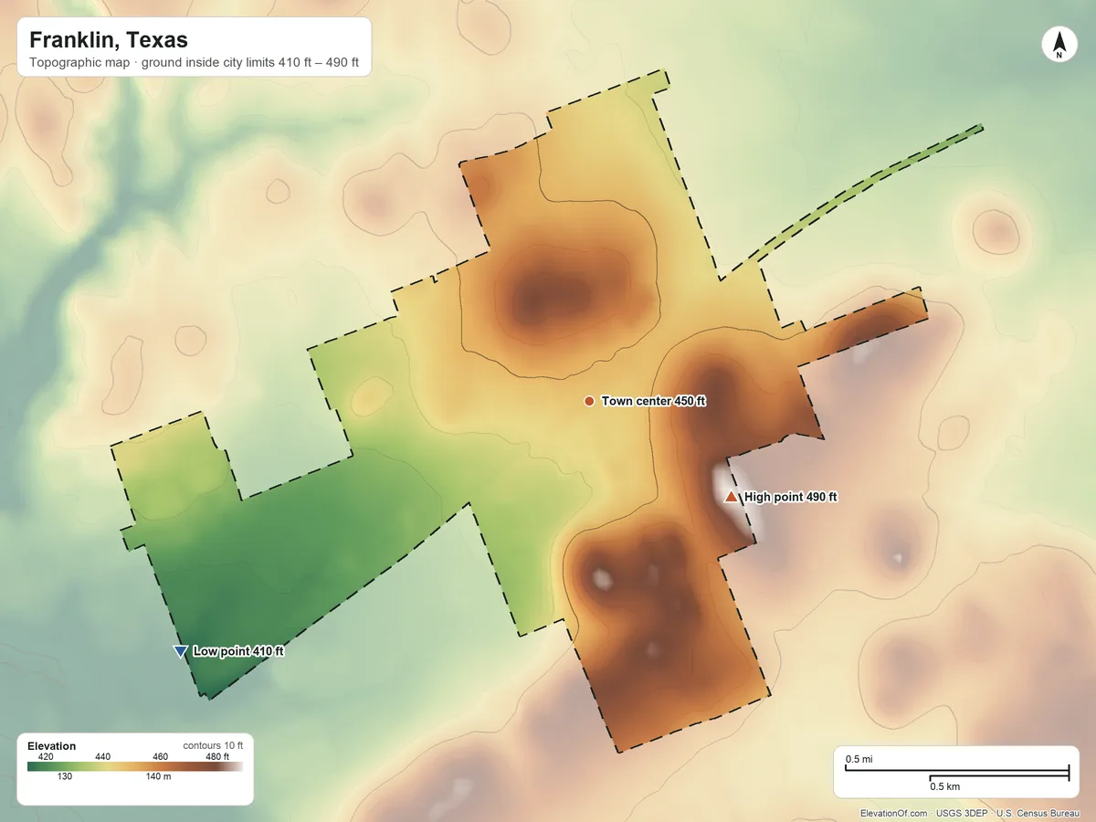 Topographic elevation map of Franklin, Texas, shaded from 410 ft on the southwest side to 490 ft on the southeast side