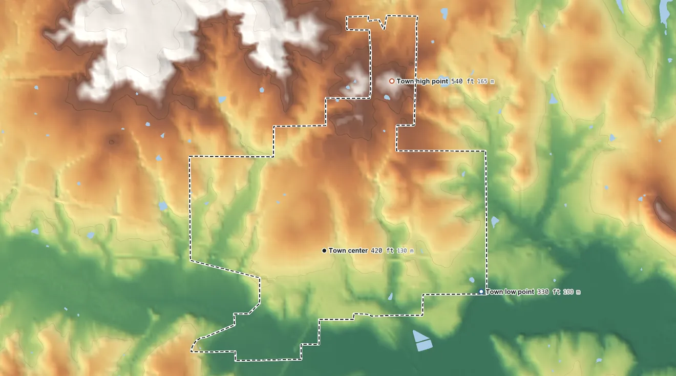 Topographic elevation map of Frankston, Texas, shaded from 330 ft on the east side to 540 ft on the north side