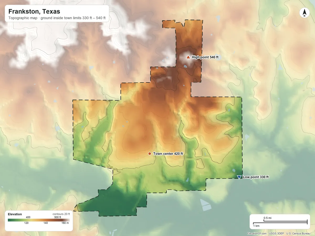 Topographic elevation map of Frankston, Texas, shaded from 330 ft on the east side to 540 ft on the north side