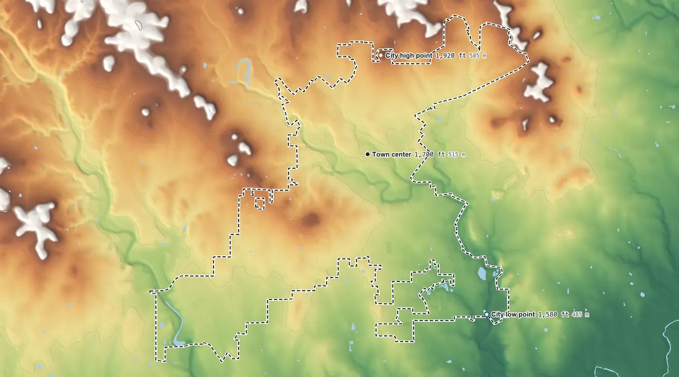 Topographic elevation map of Fredericksburg, Texas, shaded from 1,580 ft on the southeast side to 1,920 ft on Cross Mountain