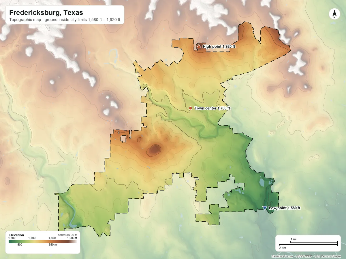 Topographic elevation map of Fredericksburg, Texas, shaded from 1,580 ft on the southeast side to 1,920 ft on Cross Mountain