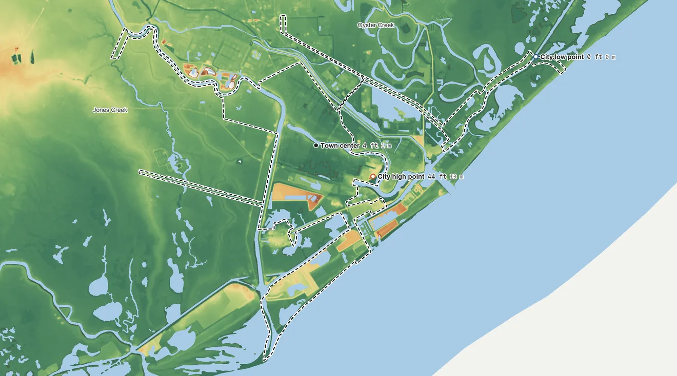 Topographic elevation map of Freeport, Texas, shaded from sea level level on Drum Bay to 44 ft on the southeast side
