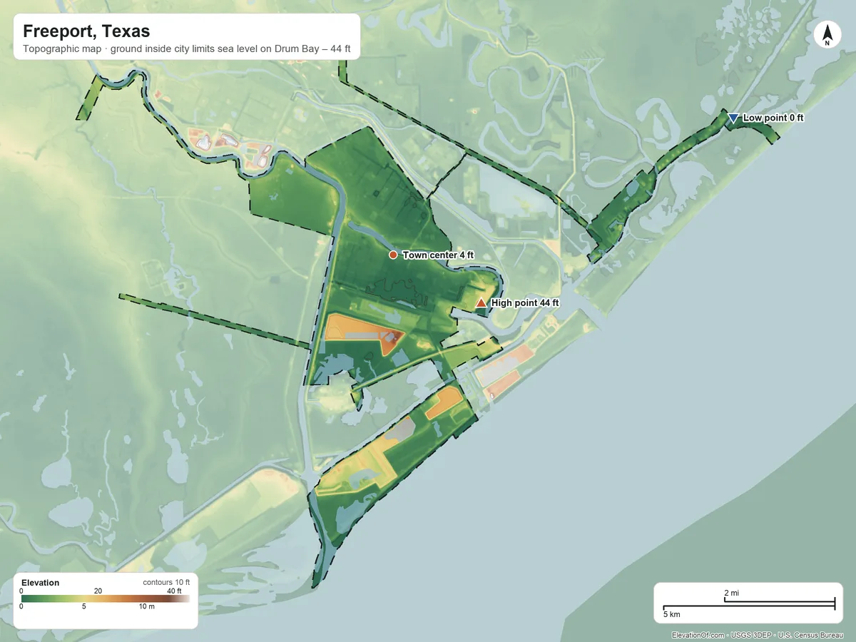 Topographic elevation map of Freeport, Texas, shaded from sea level level on Drum Bay to 44 ft on the southeast side