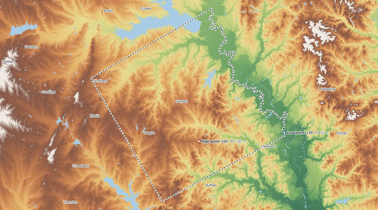 Topographic elevation map of Freestone County, Texas, shaded from 180 ft on the east side to 608 ft on Burleson Hill