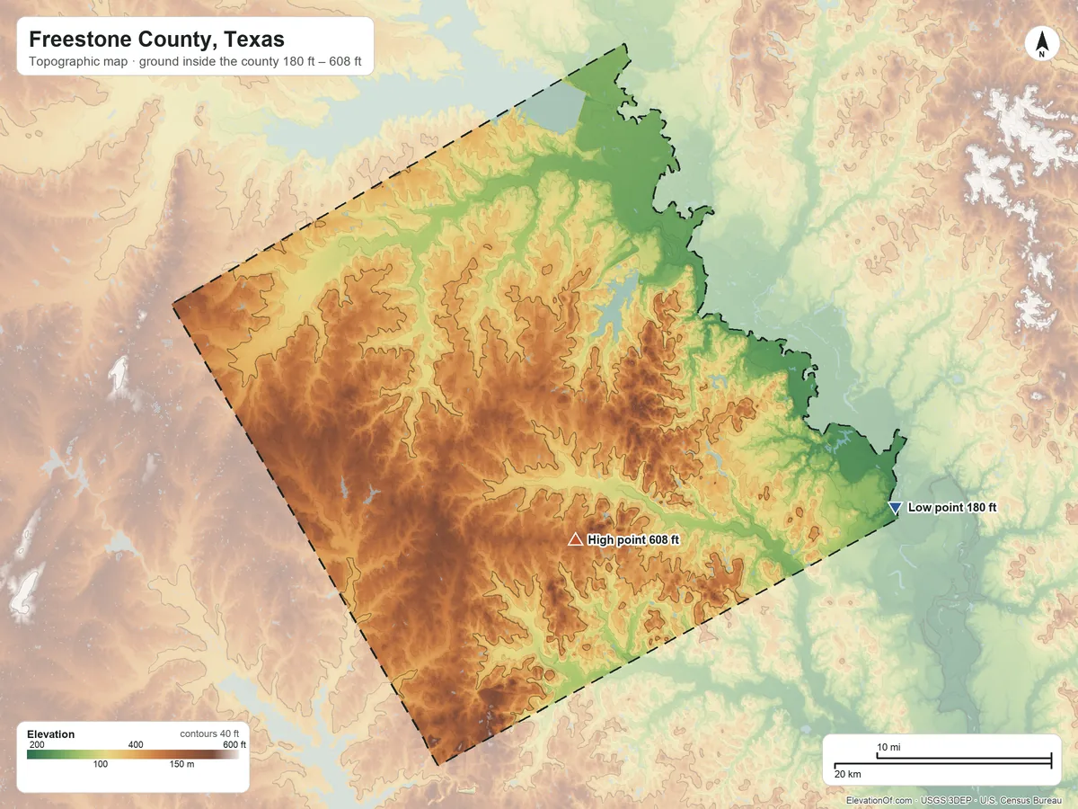 Topographic elevation map of Freestone County, Texas, shaded from 180 ft on the east side to 608 ft on Burleson Hill