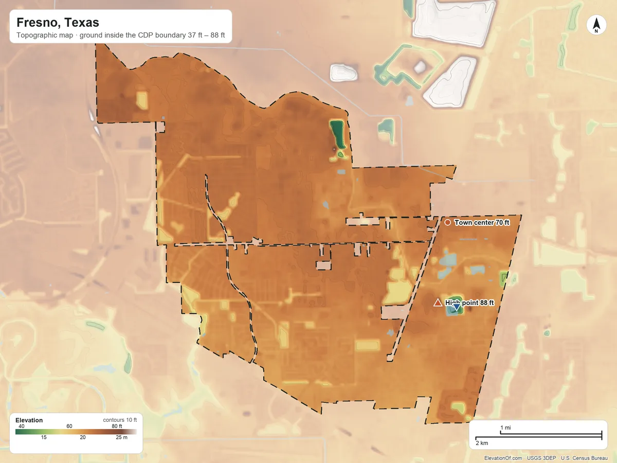 Topographic elevation map of Fresno, Texas, shaded from 37 ft on the south side to 88 ft on the south side