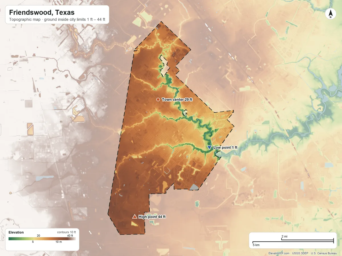 Topographic elevation map of Friendswood, Texas, shaded from 1 ft on the southeast side to 44 ft on the south side