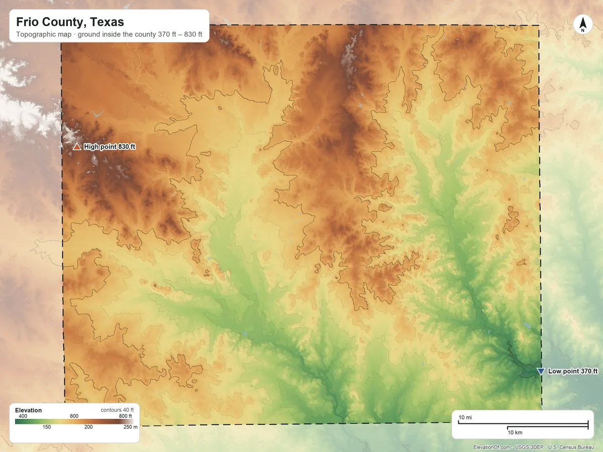 Topographic elevation map of Frio County, Texas, shaded from 370 ft on the southeast side to 830 ft on the west side