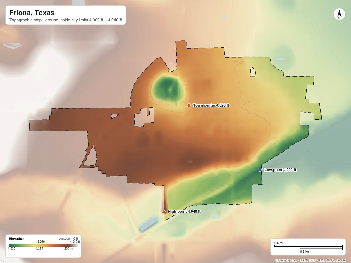 Topographic elevation map of Friona, Texas, shaded from 4,000 ft on the southeast side to 4,040 ft on the south side