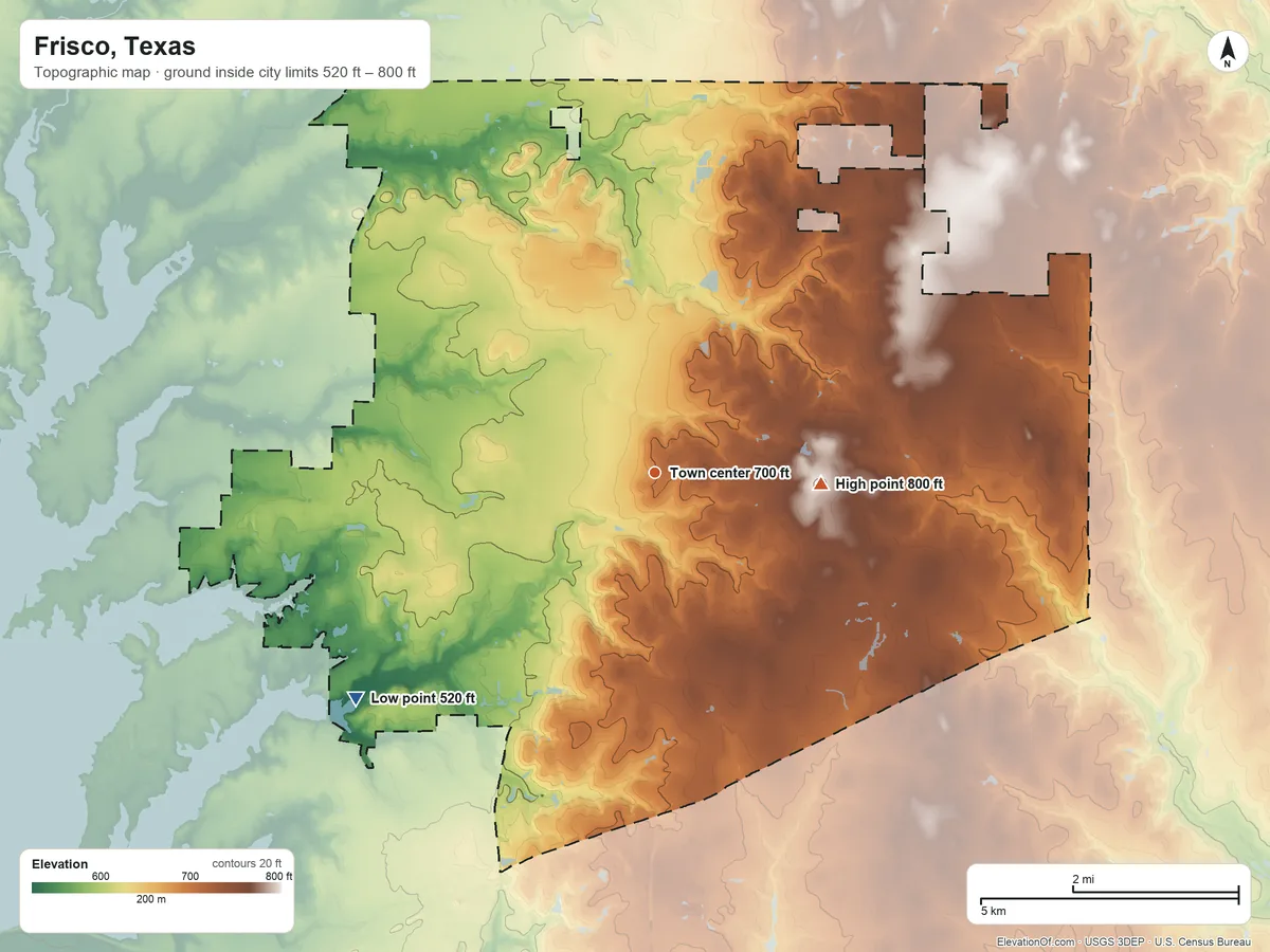 Topographic elevation map of Frisco, Texas, shaded from 520 ft on the southwest side to 800 ft on the east side