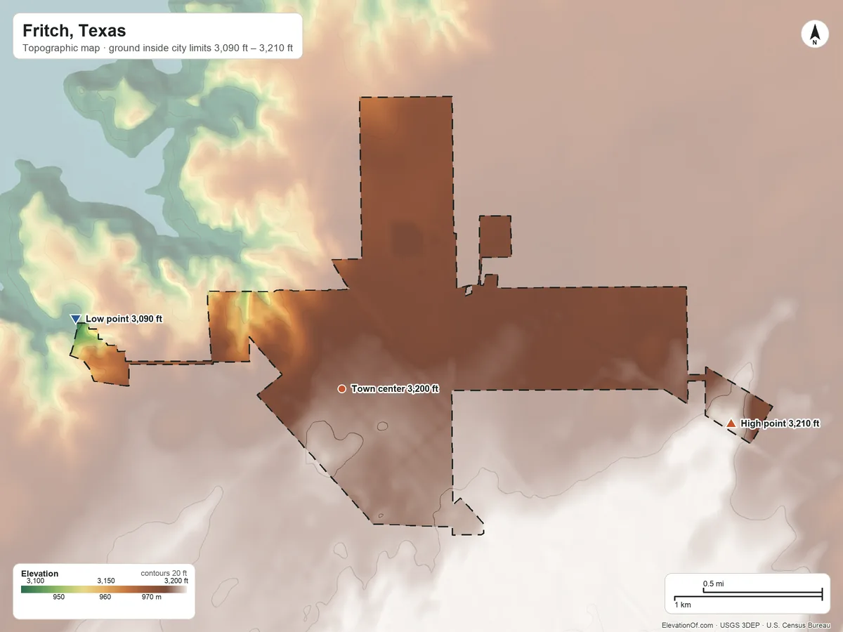 Topographic elevation map of Fritch, Texas, shaded from 3,090 ft on the west side to 3,210 ft on the east side