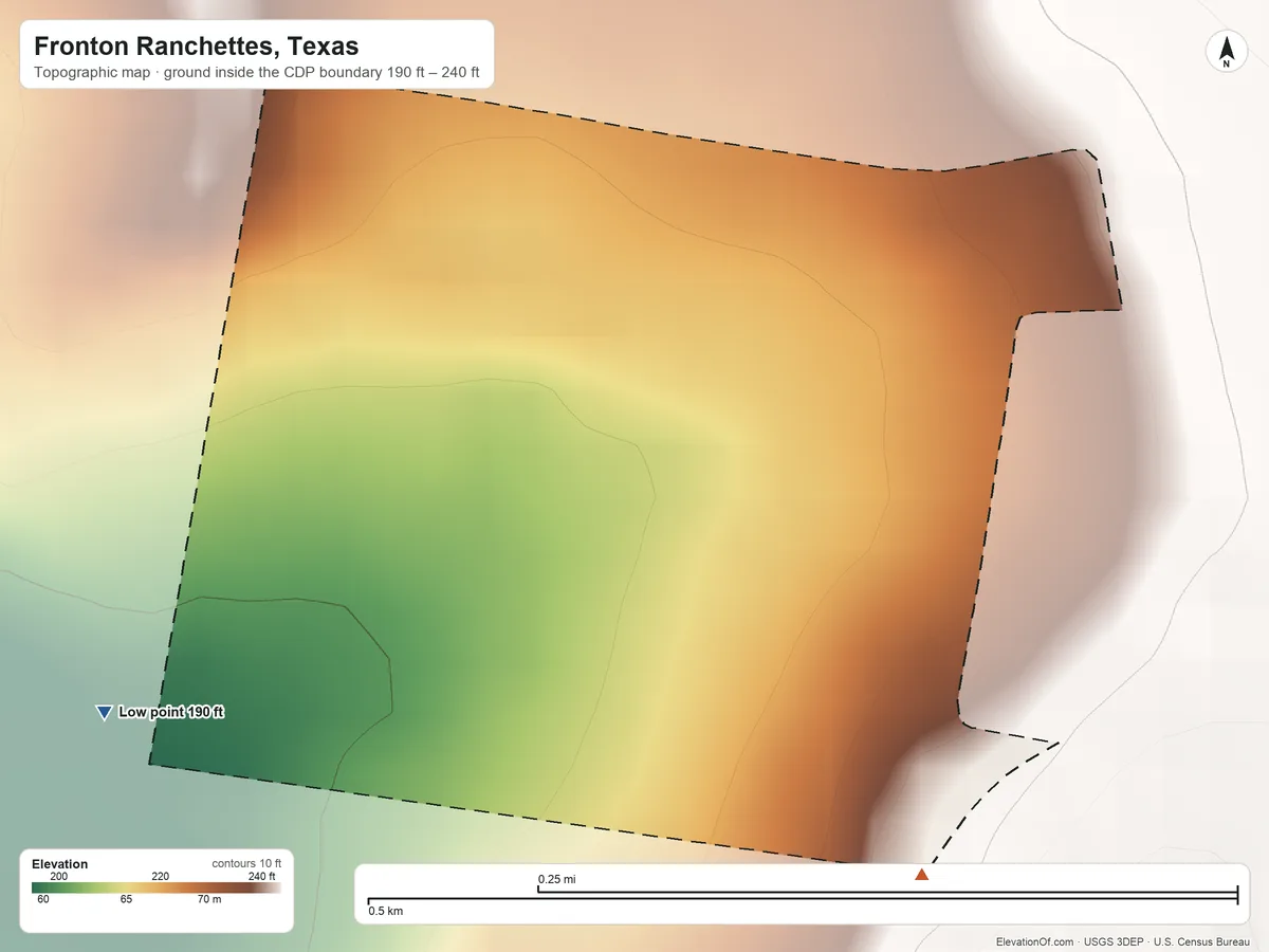 Topographic elevation map of Fronton Ranchettes, Texas, shaded from 190 ft on the southwest side to 240 ft on the southeast side