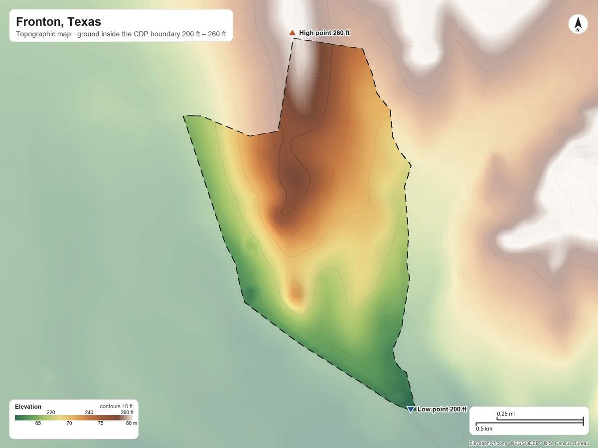 Topographic elevation map of Fronton, Texas, shaded from 200 ft on the south side to 260 ft on the northwest side